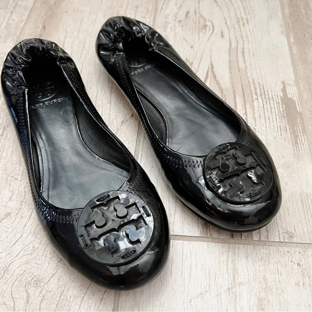 Tory Burch Black Patent Leather Reva Scrunch Ballet Flats Size 7.5